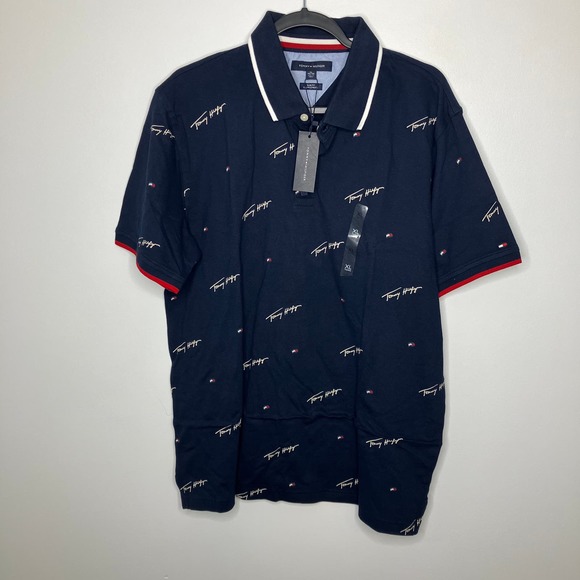NWT TOMMY HILFIGER Slim Fit Logo Print Polo Navy Large - Picture 1 of 4